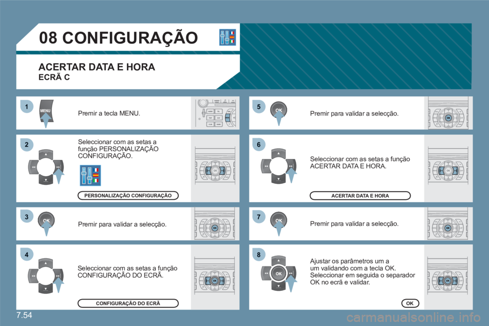 CITROEN C6 2012  Manual do condutor (in Portuguese) 7.54
55
66
77
88
11
22
33
44
08   
 
 
 
 
 
CONFIGURAÇÃO 
Premir a tecla MENU.
Seleccionar com as setas a função PERSONALIZAÇÃO  CONFIGURAÇÃO. ç
Premir para validar a selecção.
 
Seleccion