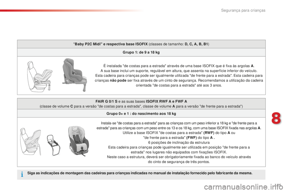 CITROEN C-ELYSÉE 2016  Manual do condutor (in Portuguese) 115
"Baby P2C Midi" e respectiva base ISOFIX (classes de tamanho: D, C, A, B, B1 )
Grupo 1: de 9   a 18   kg
É instalada "de costas para a estrada" através de uma base 
is
O
 F
iX q
