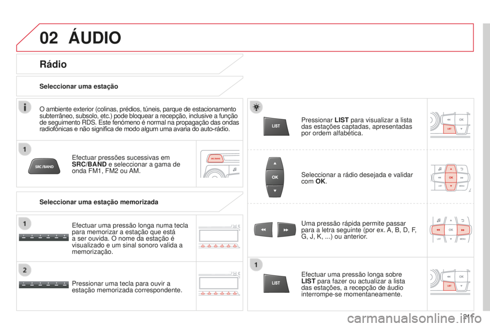 CITROEN C-ELYSÉE 2016  Manual do condutor (in Portuguese) 02
2 11
ÁUDIO
efectuar pressões sucessivas em  
SRC/BAND  e seleccionar a gama de 
onda FM1, FM2
  ou 
a
 M.
Pressionar uma tecla para ouvir a 
estação memorizada correspondente.
u
 ma pressão r
