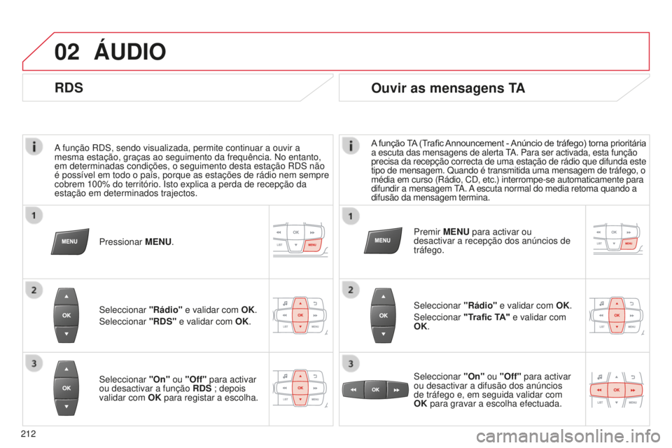 CITROEN C-ELYSÉE 2016  Manual do condutor (in Portuguese) 02
212
a função 
rds , sendo visualizada, permite continuar a ouvir a 
mesma estação, graças ao seguimento da frequência.  n o entanto, 
em determinadas condições, o seguimento desta estação