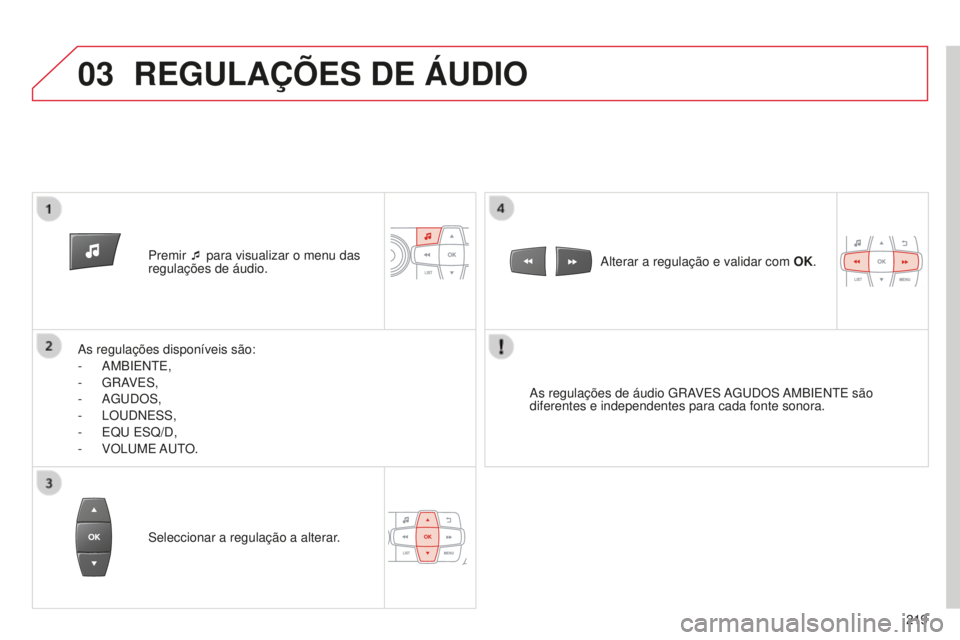 CITROEN C-ELYSÉE 2016  Manual do condutor (in Portuguese) 03
219
Premir ¯ para visualizar o menu das 
regulações de áudio.
a

s regulações disponíveis são:
-
 a
MB
iente
,
-
 
G
ra
V

es
,
-
 a
G
ud
O
s
,
-
 l
O
udness
,
-
  e
Q
u
 
es
Q/
d
,
-
 
VO
