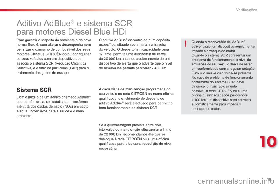 CITROEN C-ELYSÉE 2016  Manual do condutor (in Portuguese) 15
10
Ver if ic aç ões
   
 
 
 
 
 
 
 
 
 
 
 
 
 
 
 
 
 
Aditivo AdBlue ® 
 e sistema SCR   
para motores Diesel Blue HDi  
 
 
Para garantir o respeito do ambiente e da nova 
norma Euro 6, sem