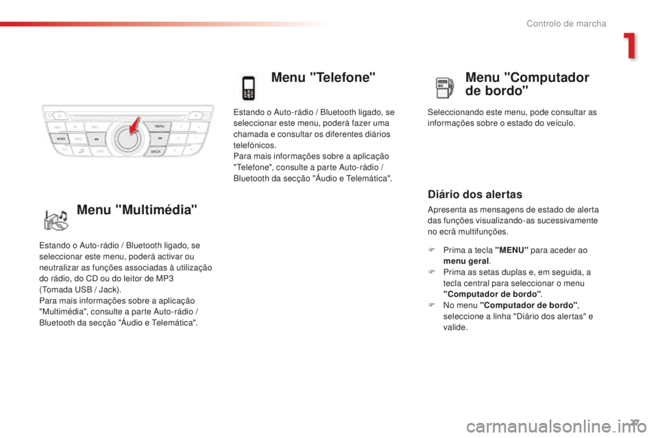 CITROEN C-ELYSÉE 2016  Manual do condutor (in Portuguese) 27
estando o au to-rádio / Bluetooth ligado, se 
seleccionar este menu, poderá fazer uma 
chamada e consultar os diferentes diários 
telefónicos.
Para mais informações sobre a aplicação 
"