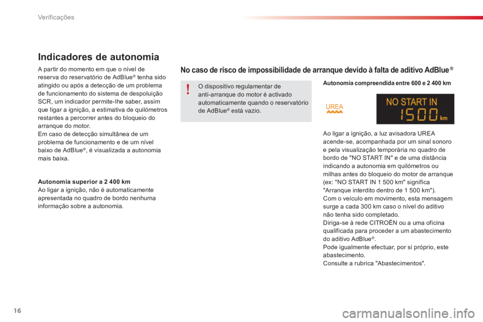 CITROEN C-ELYSÉE 2016  Manual do condutor (in Portuguese) 16
Ver if ic aç ões
   
 
 
 
 
Indicadores de autonomia 
 
 
A partir do momento em que o nível de 
reser va do reser vatório de AdBlue ®   tenha sido 
atingido ou após a detecção de um probl