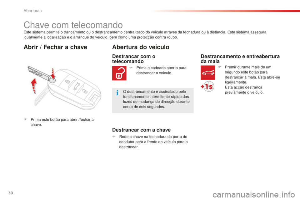 CITROEN C-ELYSÉE 2016  Manual do condutor (in Portuguese) 30
C-elysee_pt_Chap02_ouvertures_ed01-2014
este sistema permite o trancamento ou o destrancamento centralizado do veículo através da fechadura ou à distância. es te sistema assegura 
igualmente a 