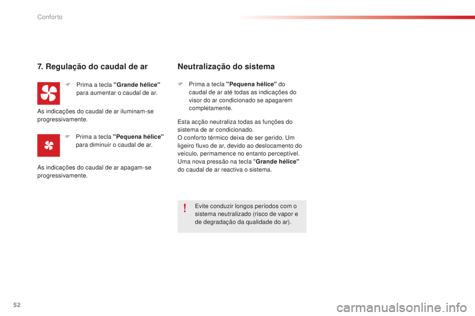 CITROEN C-ELYSÉE 2016  Manual do condutor (in Portuguese) 52
7. Regulação do caudal de ar
F Prima a tecla "Grande hélice" 
para aumentar o caudal de ar.
F
 
P
 rima a tecla "Pequena hélice"  
para diminuir o caudal de ar.
Neutralização 
