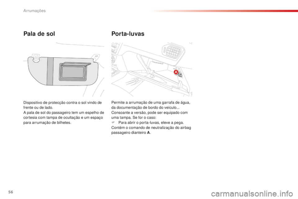 CITROEN C-ELYSÉE 2016  Manual do condutor (in Portuguese) 56
Por ta- luvas
Pala de sol
dispositivo de protecção contra o sol vindo de 
frente ou de lado.
a

 pala de sol do passageiro tem um espelho de 
cortesia com tampa de ocultação e um espaço 
para 