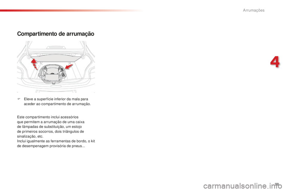 CITROEN C-ELYSÉE 2016  Manual do condutor (in Portuguese) 59
Compartimento de arrumação
F  eleve a super fície inferior da mala para aceder ao compartimento de arrumação.
es

te compartimento inclui acessórios 
que permitem a arrumação de uma caixa 
