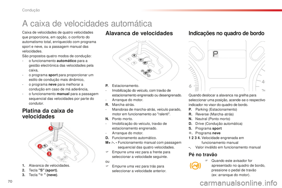CITROEN C-ELYSÉE 2016  Manual do condutor (in Portuguese) 70
Caixa de velocidades de quatro velocidades 
que proporciona, em opção, o conforto do 
automatismo total, enriquecido com programa 
sport e neve, ou a passagem manual das 
velocidades.
s
ão propo