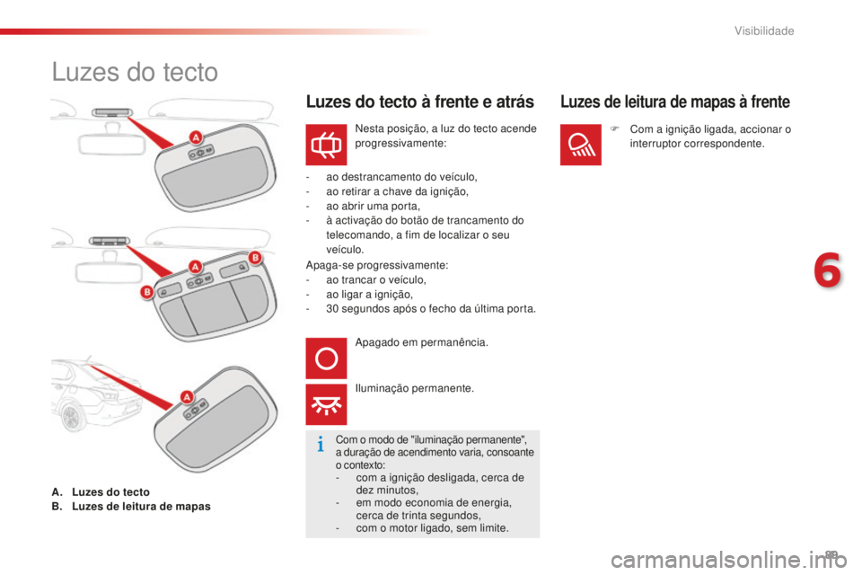 CITROEN C-ELYSÉE 2016  Manual do condutor (in Portuguese) 89
luzes do tecto
nesta posição, a luz do tecto acende 
progressivamente:
-
 
a

o destrancamento do veículo,
-
 
a

o retirar a chave da ignição,
-
 
a

o abrir uma porta,
-
 
à a

ctivação d