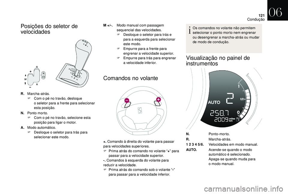 CITROEN DS3 2018  Manual do condutor (in Portuguese) 121
Posições do seletor de 
velocidades
R.Marcha-atrás.
F
 C om o   pé no travão, desloque 
o
  seletor para a   frente para selecionar 
esta posição.
N. Ponto morto.
F
 
C
 om o   pé no trav