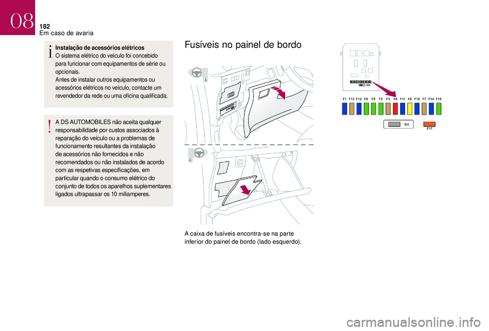 CITROEN DS3 2018  Manual do condutor (in Portuguese) 182
Instalação de acessórios elétricos
O sistema elétrico do veículo foi concebido 
para funcionar com equipamentos de série ou 
opcionais.
Antes de instalar outros equipamentos ou 
acessórios