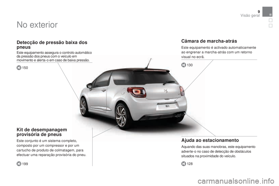 CITROEN DS3 2017  Manual do condutor (in Portuguese) 9
DS3_pt_Chap00b_vue-ensemble_ed02-2015
Detecção de pressão baixa dos 
pneus
Este equipamento assegura o controlo automático 
da pressão dos pneus com o veículo em 
movimento e alerta-o em caso 