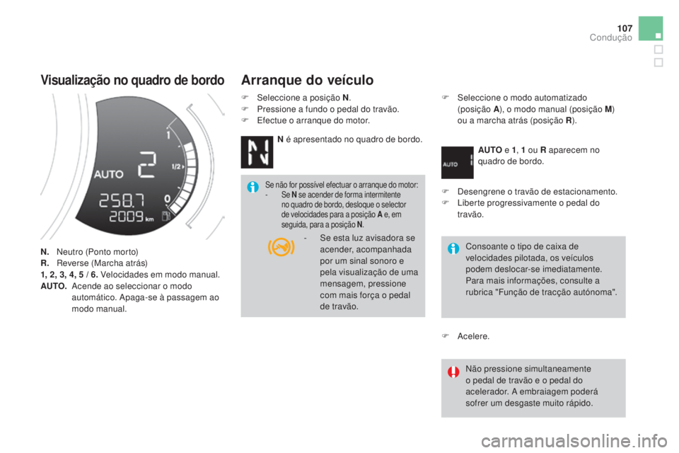 CITROEN DS3 2017  Manual do condutor (in Portuguese) 107
DS3_pt_Chap04_conduite_ed02-2015
Visualização no quadro de bordo
n.  Neutro (Ponto morto)
R.   Re
verse (Marcha atrás)
1, 2, 3, 4, 5
 / 6

. Velocidades em modo manual.
AUTO.  
 Ac

ende ao sel