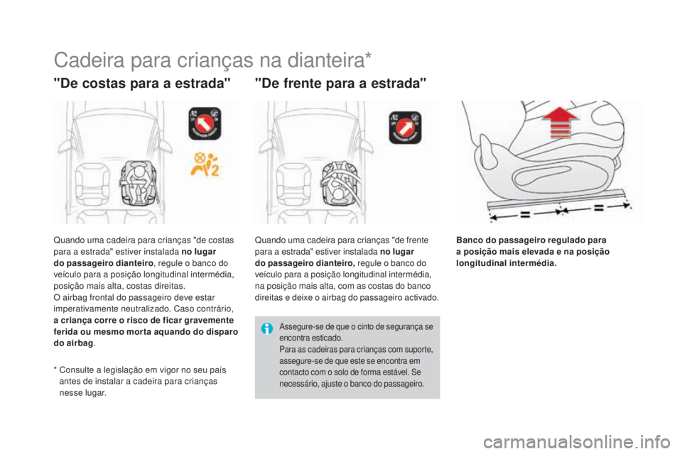 CITROEN DS3 2017  Manual do condutor (in Portuguese) DS3_pt_Chap07_securite-enfants_ed02-2015
Cadeira para crianças na dianteira*
"De costas para a estrada" "De frente para a estrada"
Banco do passageiro regulado para 
a posição mais 