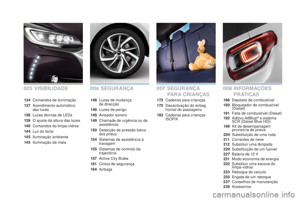 CITROEN DS3 2017 Manual do condutor (in Portuguese) DS3_pt_Chap00a_sommaire_ed02-2015
SEGURAnçAInFO RMAçÕE S
P R ÁT I C A S
SEGURAnçA
PA R
A
CR
I A
n çAS
172 Cadeiras para crianças
17 5
De
sactivação do airbag
frontal do passageiro
182 CITROEN DS3 2017 Manual do condutor (in Portuguese) DS3_pt_Chap00a_sommaire_ed02-2015
SEGURAnçAInFO RMAçÕE S
P R ÁT I C A S
SEGURAnçA
PA R
A
CR
I A
n çAS
172 Cadeiras para crianças
17 5
De
sactivação do airbag
frontal do passageiro
182