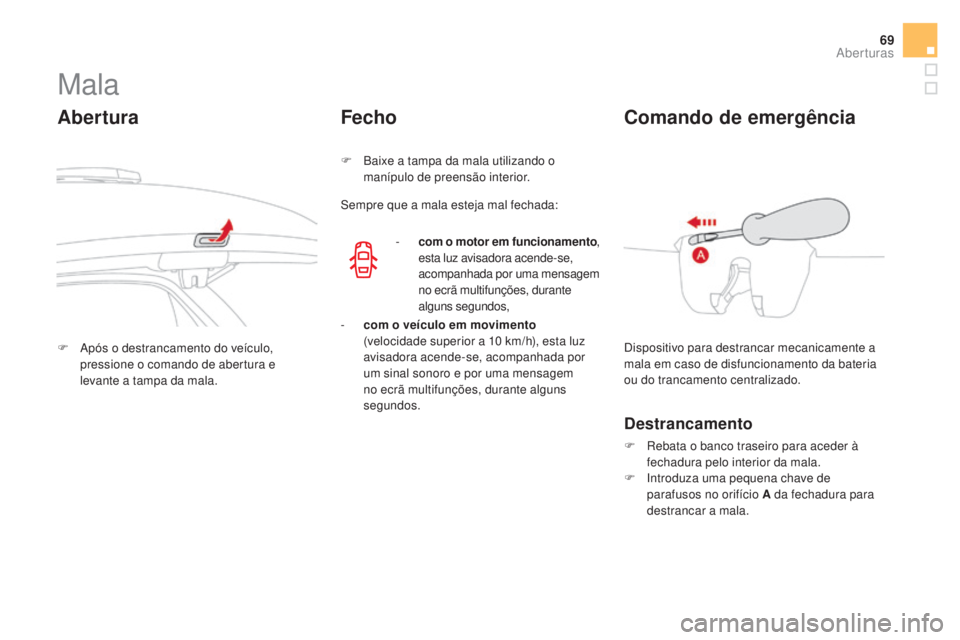 CITROEN DS3 2017  Manual do condutor (in Portuguese) 69
DS3_pt_Chap02_ouvertures_ed02-2015
Mala
Abertura
F Após o destrancamento do veículo, 
pressione o comando de abertura e 
levante a tampa da mala.
Fecho
F Baixe a tampa da mala utilizando o 
m an