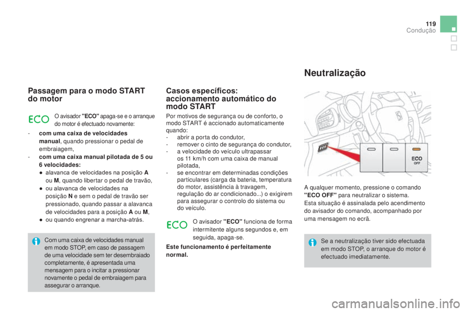 CITROEN DS3 2015  Manual do condutor (in Portuguese) 11 9
DS3_pt_Chap06_conduite_ed01-2014
Passagem para o modo START 
do motor
O avisador "ECO" apaga-se e o arranque 
do motor é efectuado novamente:
- com uma caixa de velocidades  manual , qua