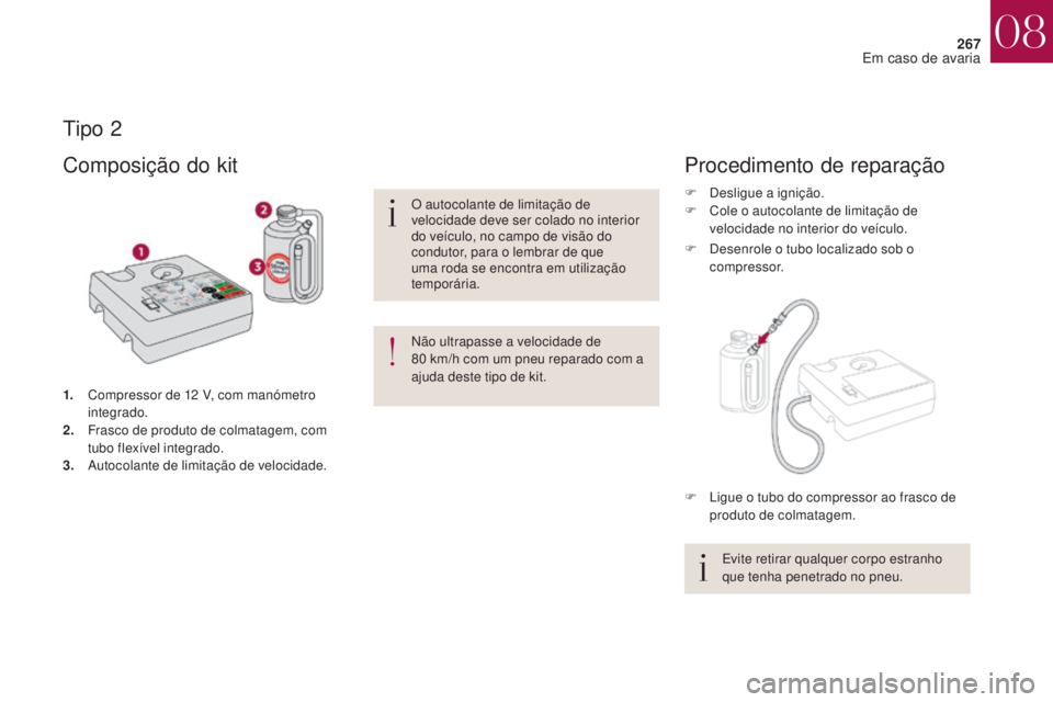 CITROEN DS4 2017  Manual do condutor (in Portuguese) 267
DS4_pt_Chap08_en-cas-de-panne_ed01-2016
Tipo 2
1. Compressor de 12 V, com manómetro integrado.
2.
 F

rasco de produto de colmatagem, com 
tubo flexível integrado.
3.
 A

utocolante de limitaç
