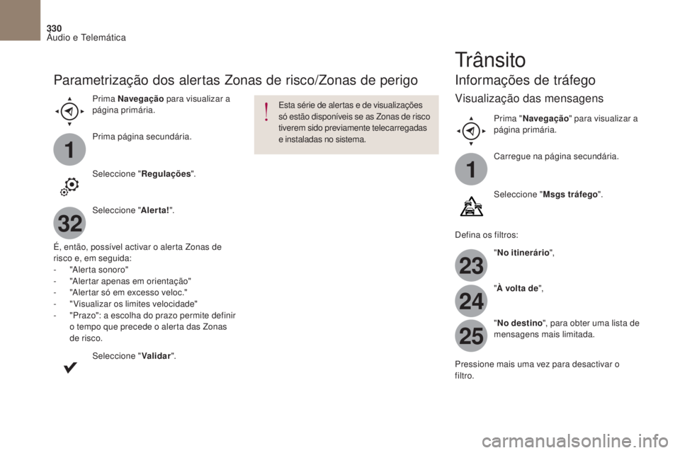 CITROEN DS4 2017 Manual do condutor (in Portuguese) 1
1
23
24
25
32
330
DS4_pt_Chap10b_SMEgplus_ed01-2016
Parametrização dos alertas Zonas de risco/Zonas de perigo
Prima Navegação para visualizar a
página primária.
Prima página secundária.
Sel CITROEN DS4 2017 Manual do condutor (in Portuguese) 1
1
23
24
25
32
330
DS4_pt_Chap10b_SMEgplus_ed01-2016
Parametrização dos alertas Zonas de risco/Zonas de perigo
Prima Navegação para visualizar a
página primária.
Prima página secundária.
Sel