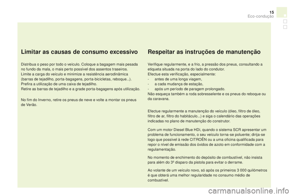 CITROEN DS4 2016  Manual do condutor (in Portuguese) 15
DS4_pt_Chap00c_eco-conduite_ed03-2015
Limitar as causas de consumo excessivo
Distribua o peso por todo o veículo. Coloque a bagagem mais pesada 
no fundo da mala, o mais perto possível dos assent