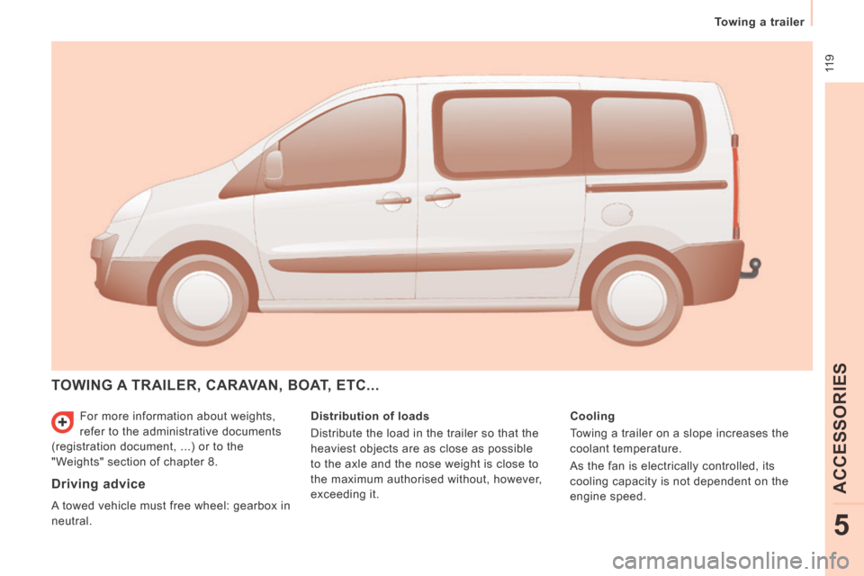 Citroen JUMPY MULTISPACE 2014 2.G Owners Manual  11 9
   Towing  a  trailer   
ACCESSORIES
5
JUMPY-ATLANTE-VP_EN_CHAP05_ACCESSOIRES_ED01-2014
 For more information about weights, 
refer to the administrative documents 
(registration document, ...) 