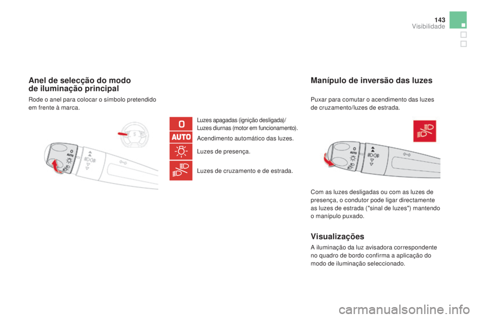 CITROEN DS5 2016  Manual do condutor (in Portuguese) 143
DS5_pt_Chap05_visibilite_ed02-2015
Anel de selecção do modo 
de iluminação principal
Luzes apagadas (ignição desligada)/
Luzes diurnas (motor em funcionamento).
Acendimento automático das l