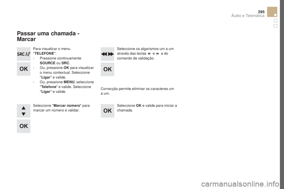 CITROEN DS5 2016  Manual do condutor (in Portuguese) 295
DS5_pt_Chap11d_RD5_ed02-2015
Para visualizar o menu 
"TeLeFONe":
- Pre

ssione continuamente 
SO
uRCe ou S

RC.
-
 Ou, p

ressione OK  para visualizar 
o menu contextual. Seleccione  
"