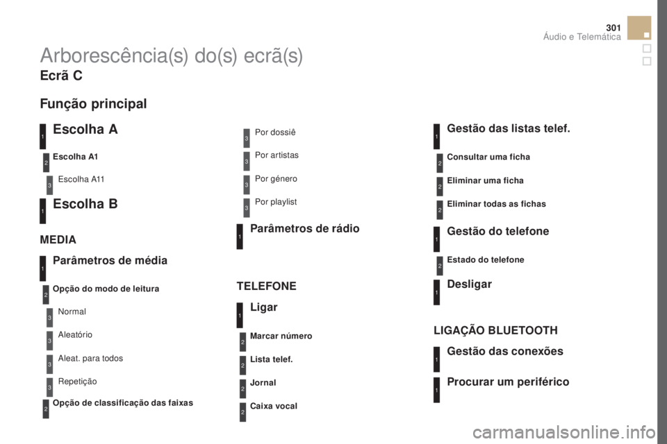 CITROEN DS5 2016  Manual do condutor (in Portuguese) 301
DS5_pt_Chap11d_RD5_ed02-2015
A r b o r e s c ê n c i a (s)  d o (s)  e c r ã (s)
escolha A
Escolha A11
escolha B
Parâmetros de média
M
edIA
Te
LeFO
 N
eOpção do modo de leitura
Opção de cl