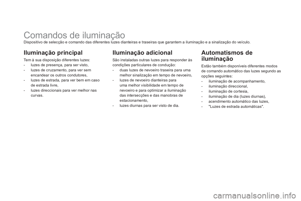 CITROEN DS5 2012 Manual do condutor (in Portuguese)
Comandos de iluminação Dispositivo de selecção e comando das diferentes luzes dianteiras e traseiras que garantem a iluminação e a sinalização do veículo.
Ilumi CITROEN DS5 2012 Manual do condutor (in Portuguese)
Comandos de iluminação Dispositivo de selecção e comando das diferentes luzes dianteiras e traseiras que garantem a iluminação e a sinalização do veículo.
Ilumi