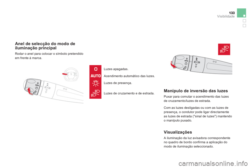 CITROEN DS5 2012  Manual do condutor (in Portuguese) Visibilidade
   
 
Anel de selecção do modo deiluminação principal 
 
Rodar o anel para colocar o símbolo pretendido em frente à marca.  
   
Luzes apagadas.  
 
Acendimento automático das luze