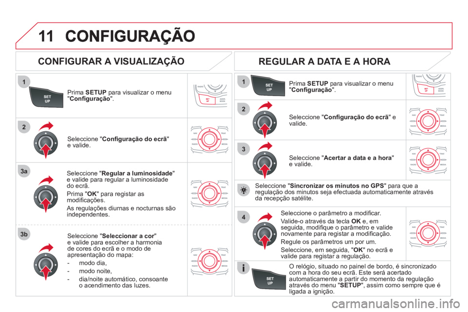 CITROEN DS5 2012  Manual do condutor (in Portuguese) 11
1
2
3a
3b
1
2
3
4
Prima  SETUP 
 para visualizar o menu"Conﬁ guração".
Seleccione " Regular a luminosidade"e valide para regular a luminosidade do ecrã. 
Prim
a " OK" para registar as
modiﬁ 
