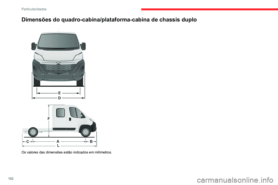 CITROEN JUMPER 2020  Manual do condutor (in Portuguese) 152
Particularidades
Dimensões do quadro-cabina/plataforma-cabina de chassis duplo  
 
 
 
Os valores das dimensões estão indicados em milímetros.  