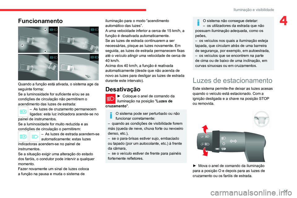 CITROEN JUMPER 2020 Manual do condutor (in Portuguese) 51
Iluminação e visibilidade
4Funcionamento
Quando a função está ativada, o sistema age da
seguinte forma:
Se a luminosidade for suficiente e/ou se as
condições de circulação não permit CITROEN JUMPER 2020 Manual do condutor (in Portuguese) 51
Iluminação e visibilidade
4Funcionamento
Quando a função está ativada, o sistema age da
seguinte forma:
Se a luminosidade for suficiente e/ou se as
condições de circulação não permit