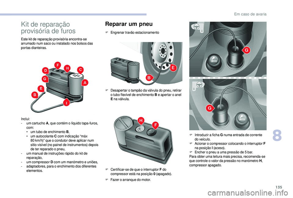 CITROEN JUMPER 2019 Manual do condutor (in Portuguese) 135
Kit de reparação
provisória de furos
Este kit de reparação provisória encontra-se
arrumado num saco ou instalado nos bolsos das
portas dianteiras.
Inclui:
-
u
m cartucho A , que contém CITROEN JUMPER 2019 Manual do condutor (in Portuguese) 135
Kit de reparação
provisória de furos
Este kit de reparação provisória encontra-se
arrumado num saco ou instalado nos bolsos das
portas dianteiras.
Inclui:
-
u
m cartucho A , que contém