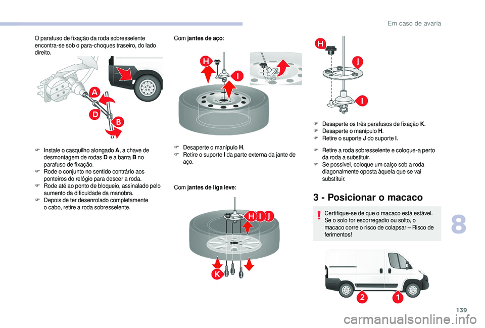 CITROEN JUMPER 2019 Manual do condutor (in Portuguese) 139
O parafuso de fixação da roda sobresselente
encontra-se sob o para-choques traseiro, do lado
direito. Com
jantes de aço :
Com jantes de liga leve :
F
I
nstale o casquilho alongado A , CITROEN JUMPER 2019 Manual do condutor (in Portuguese) 139
O parafuso de fixação da roda sobresselente
encontra-se sob o para-choques traseiro, do lado
direito. Com
jantes de aço :
Com jantes de liga leve :
F
I
nstale o casquilho alongado A ,