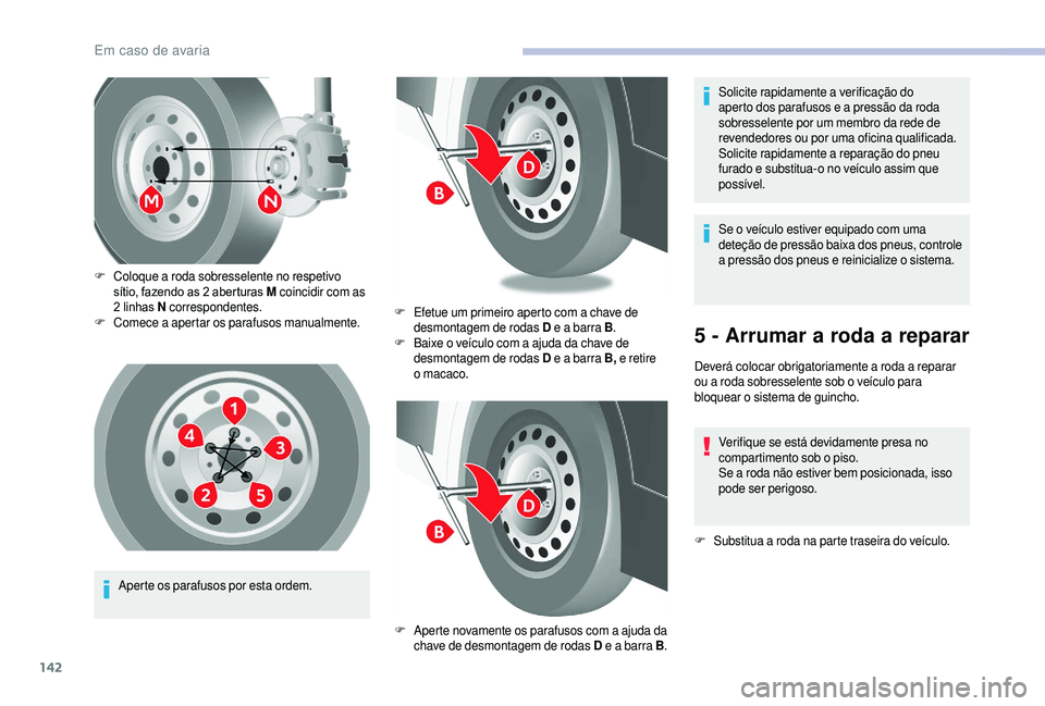 CITROEN JUMPER 2019 Manual do condutor (in Portuguese) 142
Aperte os parafusos por esta ordem.
F
C
oloque a roda sobresselente no respetivo
sítio, fazendo as 2 aberturas M
coincidir com as
2 linhas N
correspondentes.
F
C
omece a
apertar CITROEN JUMPER 2019 Manual do condutor (in Portuguese) 142
Aperte os parafusos por esta ordem.
F
C
oloque a roda sobresselente no respetivo
sítio, fazendo as 2 aberturas M
coincidir com as
2 linhas N
correspondentes.
F
C
omece a
apertar