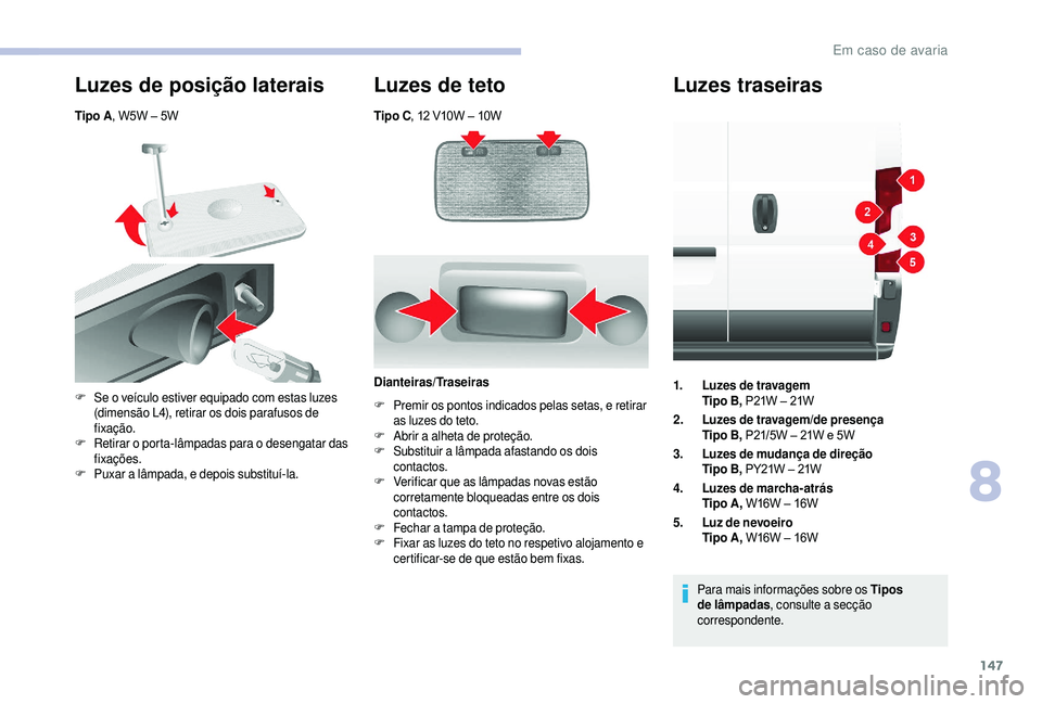 CITROEN JUMPER 2019 Manual do condutor (in Portuguese) 147
Tipo C, 12 V10W – 10W
Luzes de posição laterais
Tipo A, W5W – 5W
Luzes de teto
F Se o veículo estiver equipado com estas luzes
(dimensão L4), retirar os dois parafusos de
fixação.
CITROEN JUMPER 2019 Manual do condutor (in Portuguese) 147
Tipo C, 12 V10W – 10W
Luzes de posição laterais
Tipo A, W5W – 5W
Luzes de teto
F Se o veículo estiver equipado com estas luzes
(dimensão L4), retirar os dois parafusos de
fixação.