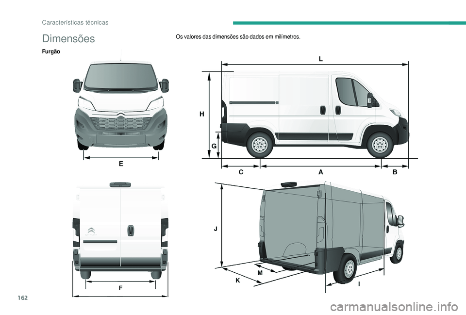 CITROEN JUMPER 2019  Manual do condutor (in Portuguese) 162
DimensõesOs valores das dimensões são dados em milímetros.
Furgão 
Características técnicas  