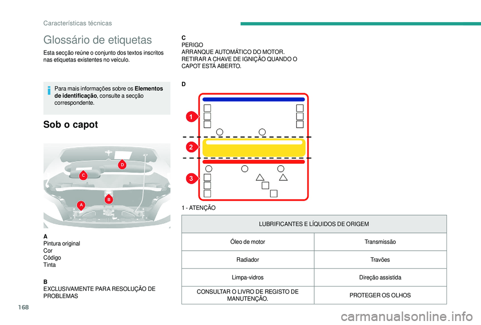 CITROEN JUMPER 2019  Manual do condutor (in Portuguese) 168
Glossário de etiquetas
Esta secção reúne o conjunto dos textos inscritos 
n as etiquetas existentes no veículo.
Para mais informações sobre os Elementos 
de identificação , consulte a
  s