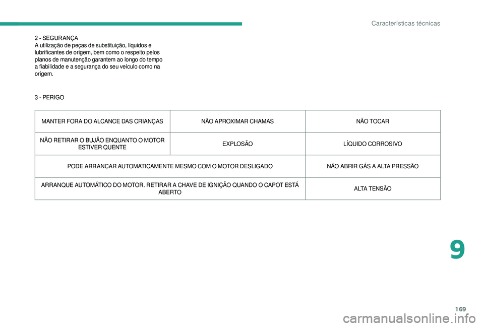 CITROEN JUMPER 2019  Manual do condutor (in Portuguese) 169
2 - SEGUR ANÇA
A utilização de peças de substituição, líquidos e 
lubrificantes de origem, bem como o
 
respeito pelos 
planos de manutenção garantem ao longo do tempo 
a
  fiabilidade e 