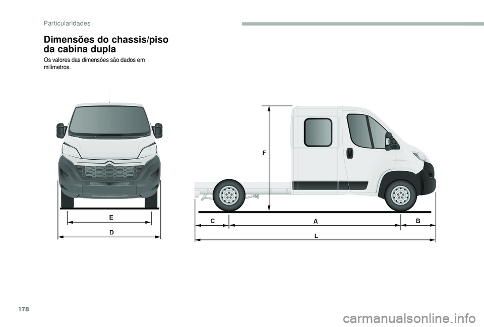 CITROEN JUMPER 2019  Manual do condutor (in Portuguese) 178
Dimensões do chassis/piso 
da cabina dupla
Os valores das dimensões são dados em 
milímetros. 
Particularidades  