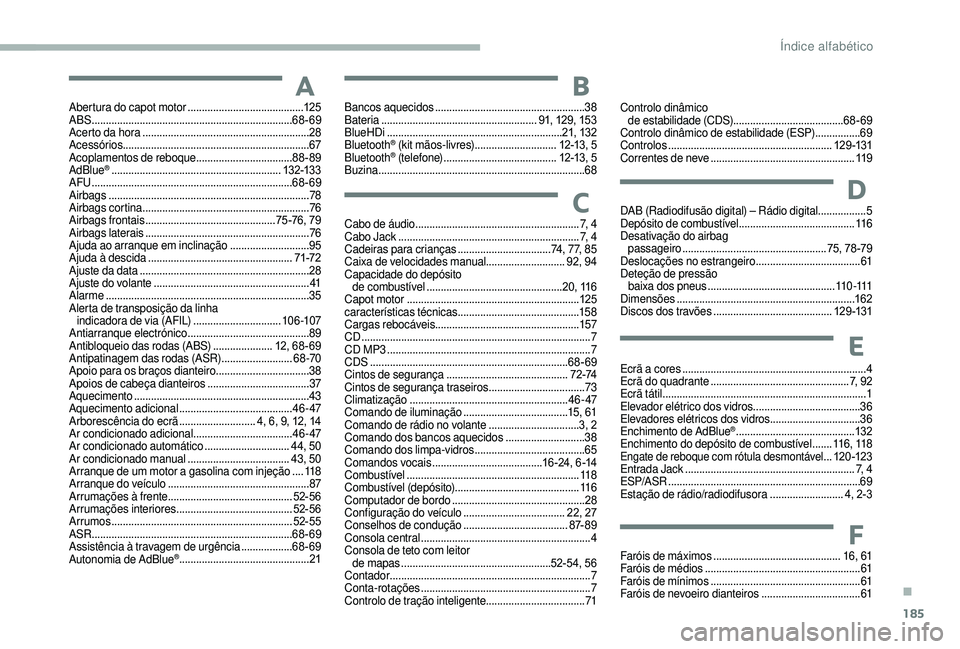 CITROEN JUMPER 2019 Manual do condutor (in Portuguese) 185
Abertura do capot motor .........................................12 5
ABS ....................................................................... 68-69
Acerto da hora
........................... CITROEN JUMPER 2019 Manual do condutor (in Portuguese) 185
Abertura do capot motor .........................................12 5
ABS ....................................................................... 68-69
Acerto da hora
...........................