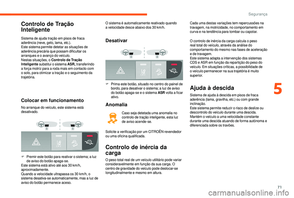 CITROEN JUMPER 2019 Manual do condutor (in Portuguese) 71
Controlo de Tração
Inteligente
Sistema de ajuda tração em pisos de fraca
aderência (neve, gelo, lama, etc.).
Este sistema permite detetar as situações de
aderência precária que possam d CITROEN JUMPER 2019 Manual do condutor (in Portuguese) 71
Controlo de Tração
Inteligente
Sistema de ajuda tração em pisos de fraca
aderência (neve, gelo, lama, etc.).
Este sistema permite detetar as situações de
aderência precária que possam d