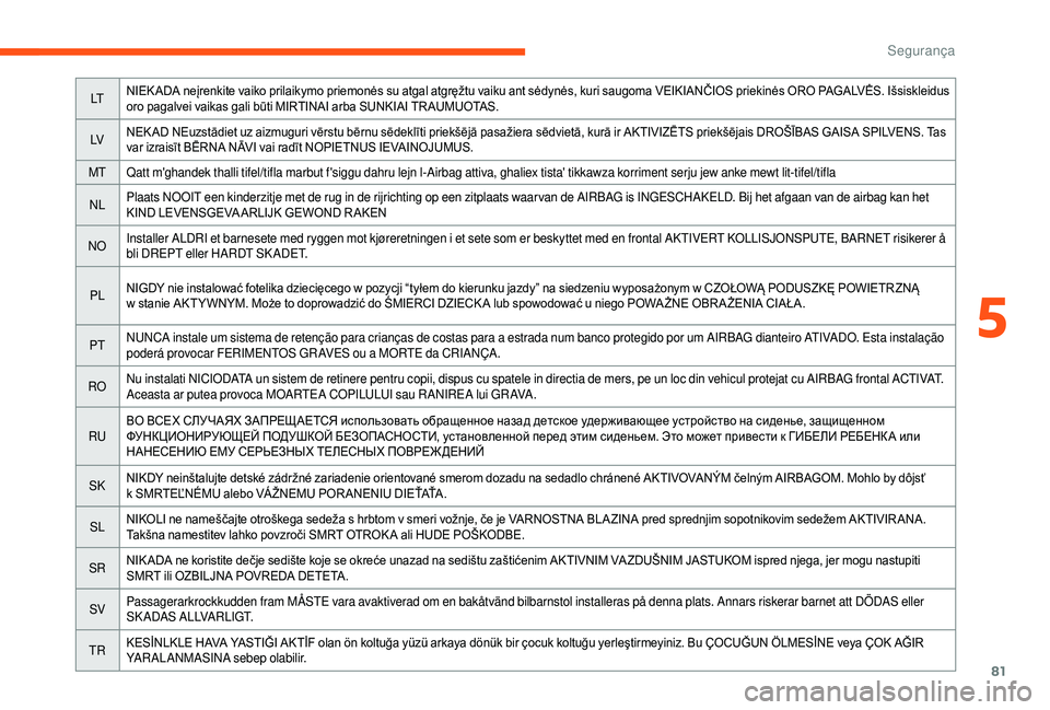 CITROEN JUMPER 2019 Manual do condutor (in Portuguese) 81
LTNIEK ADA neįrenkite vaiko prilaikymo priemonės su atgal atgręžtu vaiku ant sėdynės, kuri saugoma VEIKIANČIOS priekinės ORO PAGALVĖS. Išsiskleidus
oro pagalvei vaikas gali būti MIRTINA CITROEN JUMPER 2019 Manual do condutor (in Portuguese) 81
LTNIEK ADA neįrenkite vaiko prilaikymo priemonės su atgal atgręžtu vaiku ant sėdynės, kuri saugoma VEIKIANČIOS priekinės ORO PAGALVĖS. Išsiskleidus
oro pagalvei vaikas gali būti MIRTINA