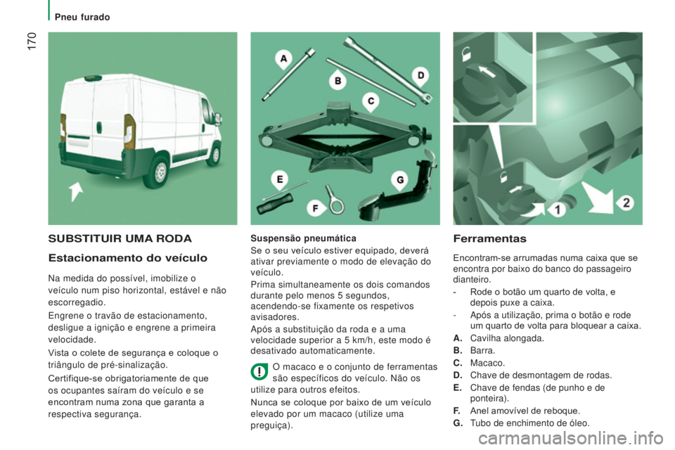CITROEN JUMPER 2017  Manual do condutor (in Portuguese)  170
Jumper_pt_Chap08_Aide-Rapide_ed01-2016
Estacionamento do veículo
Na medida do possível, imobilize o 
veículo num piso horizontal, estável e não 
escorregadio.
Engrene o travão de estacionam