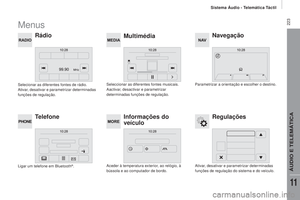 CITROEN JUMPER 2017  Manual do condutor (in Portuguese) Sistema Áudio - Telemática Táctil
 223
Jumper_pt_Chap11a_Autoradio-Fiat-tactile-1_ed01-2016
Menus
Navegação
Multimédia
Rádio
Regulações
Telefone Informações do 
veículo
Parametrizar a orie