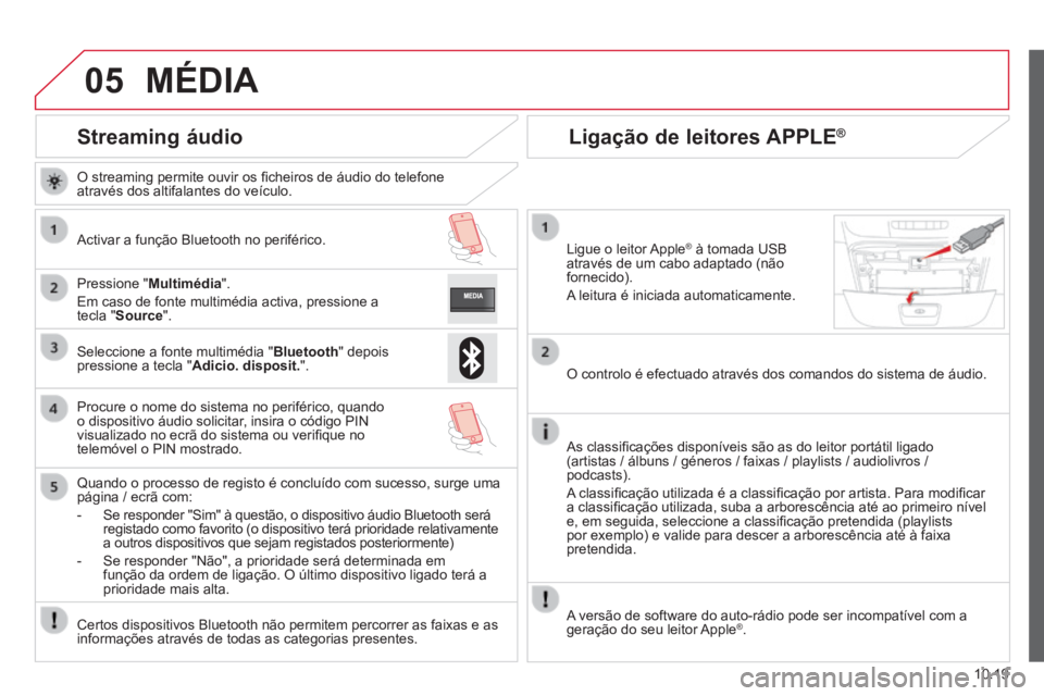 CITROEN JUMPER 2015 Manual do condutor (in Portuguese) 05
10.19
JUMPER-PAPIER_PT_CHAP10A_AUTORADIO_FIAT-TACTILE-1_ED01-2014
Streaming áudio
O streaming permite ouvir os fi cheiros de áudio do telefone através dos altifalantes do veículo.
CITROEN JUMPER 2015 Manual do condutor (in Portuguese) 05
10.19
JUMPER-PAPIER_PT_CHAP10A_AUTORADIO_FIAT-TACTILE-1_ED01-2014
Streaming áudio
O streaming permite ouvir os fi cheiros de áudio do telefone através dos altifalantes do veículo.