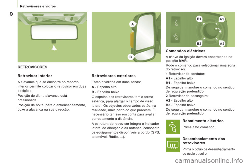 CITROEN JUMPER 2015 Manual do condutor (in Portuguese) Retrovisores e vidros
82
JUMPER-PAPIER_PT_CHAP03_ERGO ET CONFORT_ED01-2014
RETROVISORES
Retrovisores exteriores
Estão divididos em duas zonas:
A - Espelho alto
B - Espelho bai CITROEN JUMPER 2015 Manual do condutor (in Portuguese) Retrovisores e vidros
82
JUMPER-PAPIER_PT_CHAP03_ERGO ET CONFORT_ED01-2014
RETROVISORES
Retrovisores exteriores
Estão divididos em duas zonas:
A - Espelho alto
B - Espelho bai