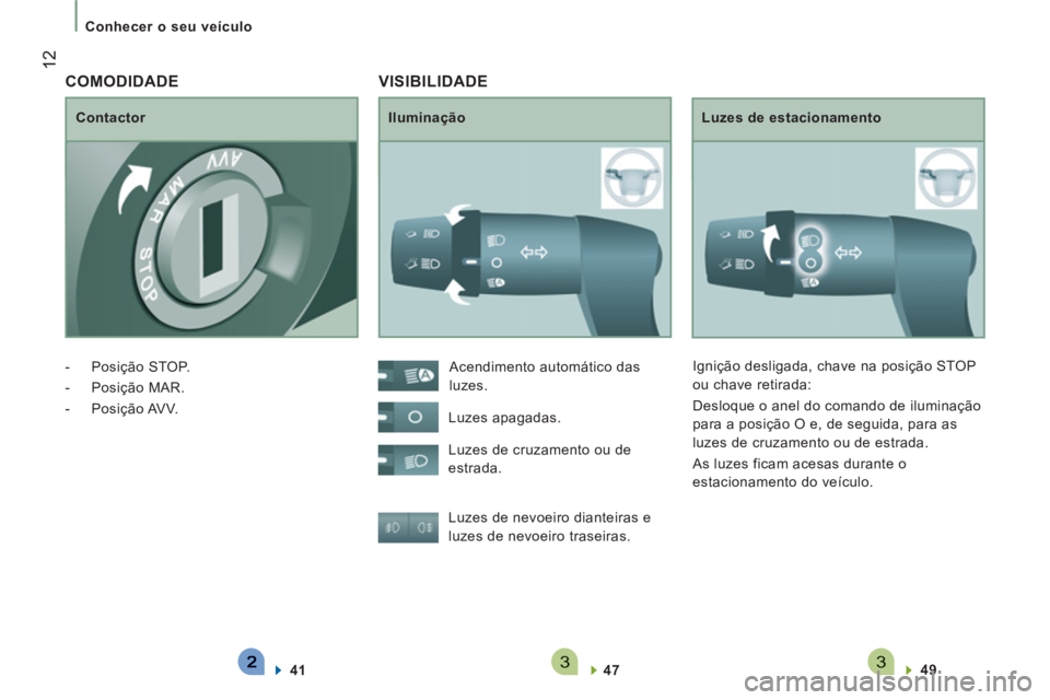CITROEN JUMPER 2014  Manual do condutor (in Portuguese) 33
12
   
 
Conhecer o seu veículo  
 
 VISIBILIDADE 
 
 
Iluminação   
Luzes de estacionamento 
  Luzes de nevoeiro dianteiras e 
luzes de nevoeiro traseiras. 
   
47  
    
49  
 
    Acendimento